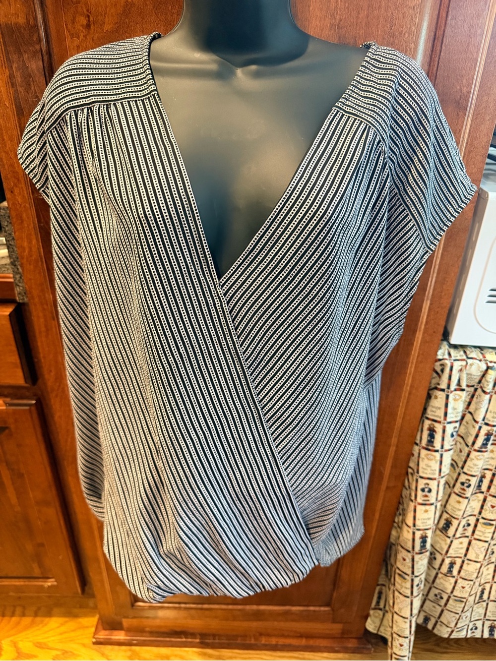 Max Studio Black and White Striped Wrap V-Neck Blouse